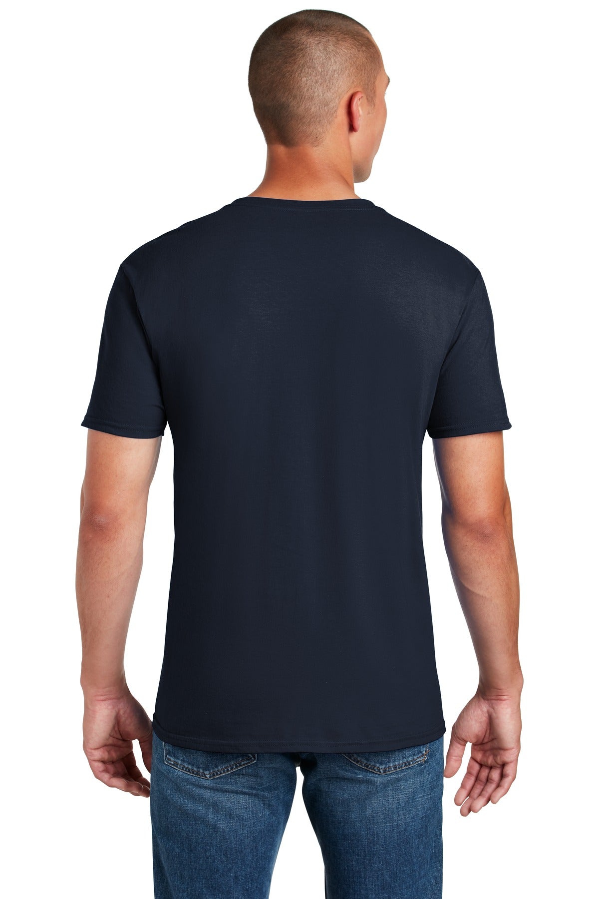 Rear View of Navy Gildan Softstyle T-Shirt. 64000 plain