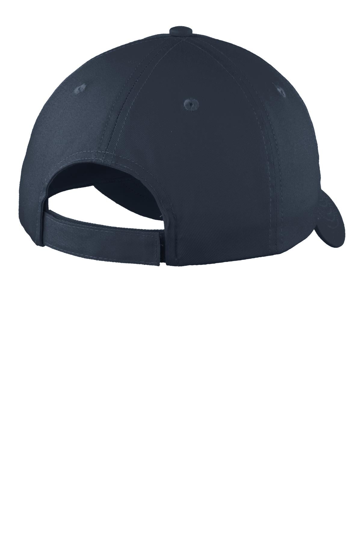 Rear View of Navy Port Authority Youth Six-Panel Unstructured Twill Cap. YC914 plain
