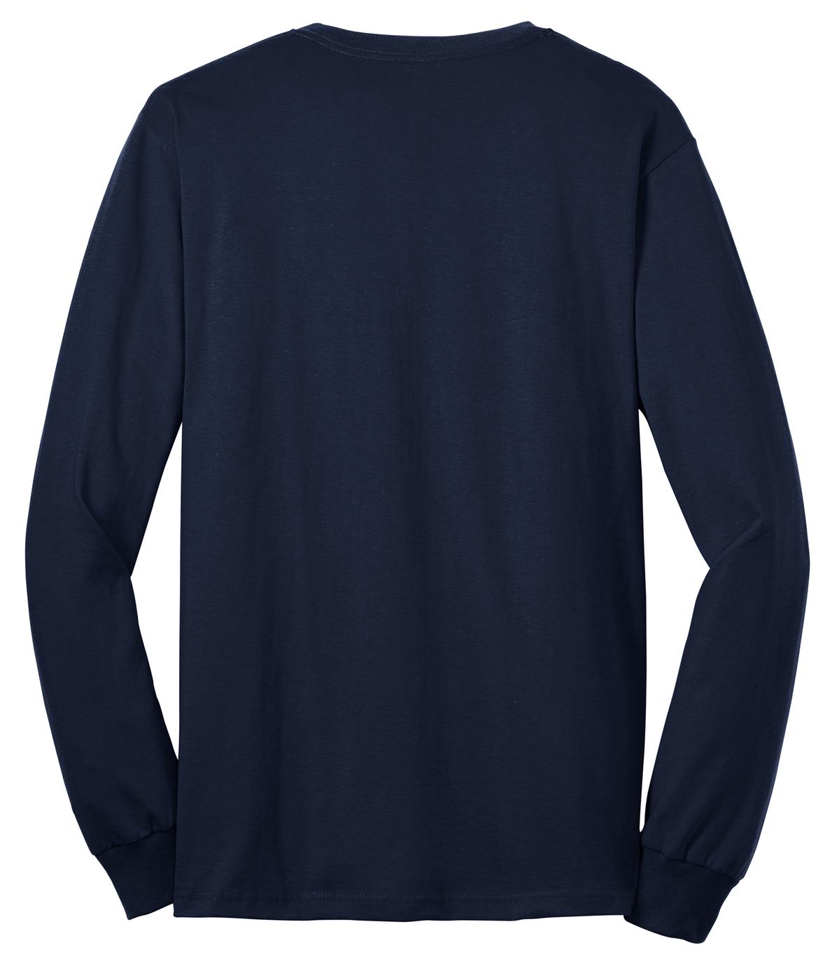 Rear View of Navy Port & Co Tall Long Sleeve Core Blend Tee. PC55LST plain