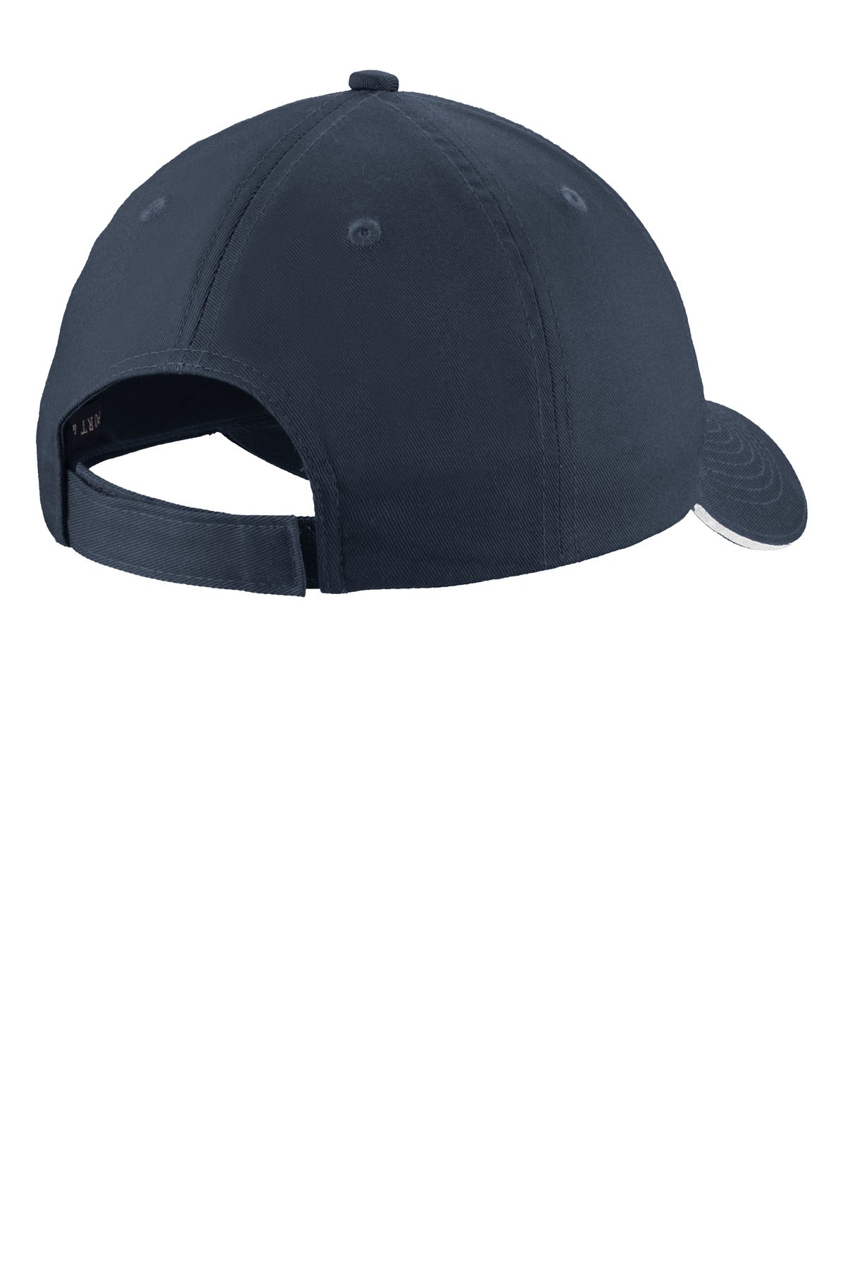 Rear View of Navy/White Port Authority Unstructured Sandwich Bill Cap. C919 plain
