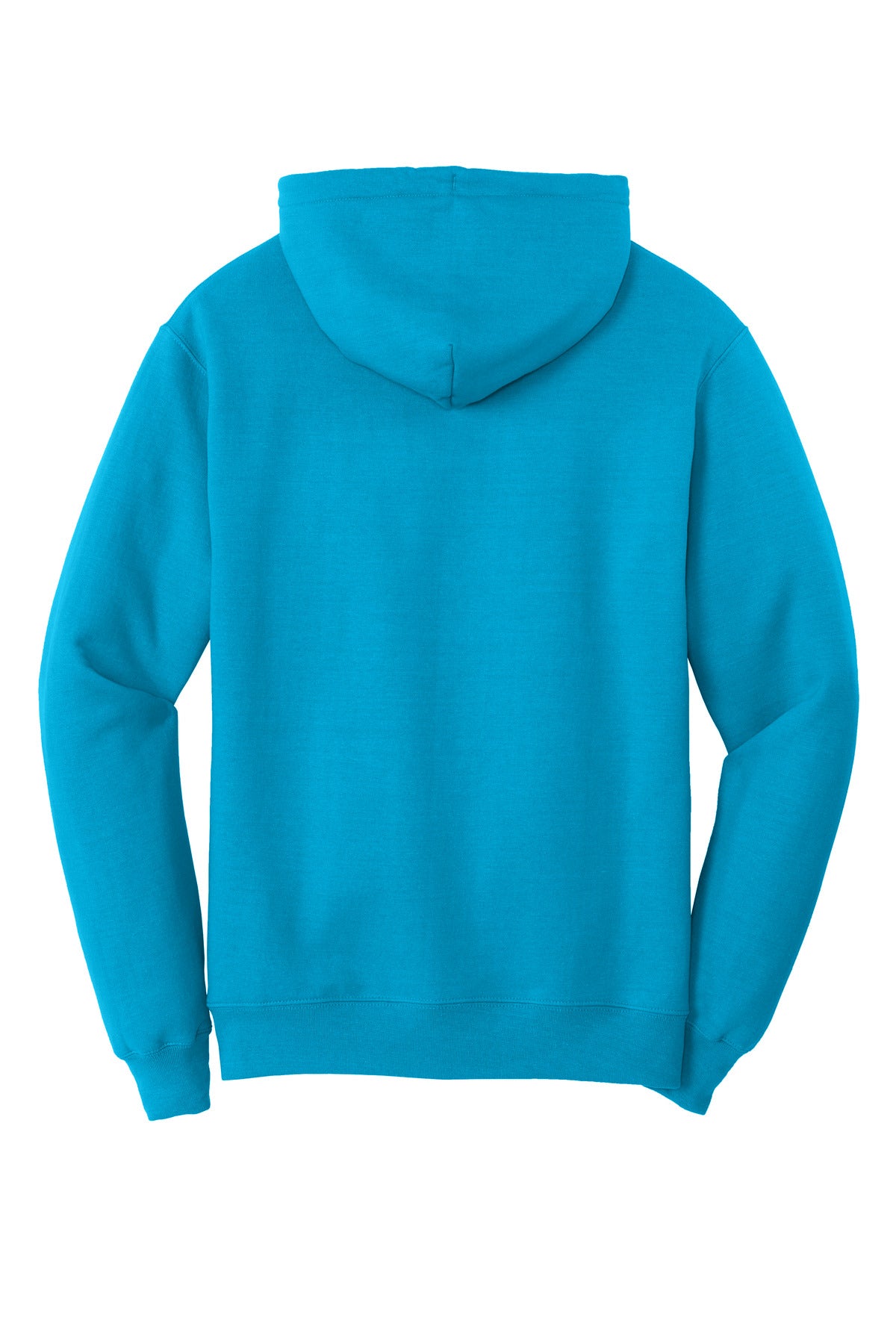 Rear View of Neon Blue Port & Co Core Fleece Pullover Hooded Sweatshirt. PC78H