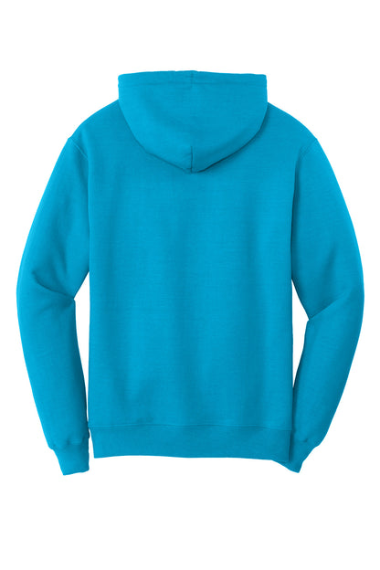 Rear View of Neon Blue Port & Co Core Fleece Pullover Hooded Sweatshirt. PC78H