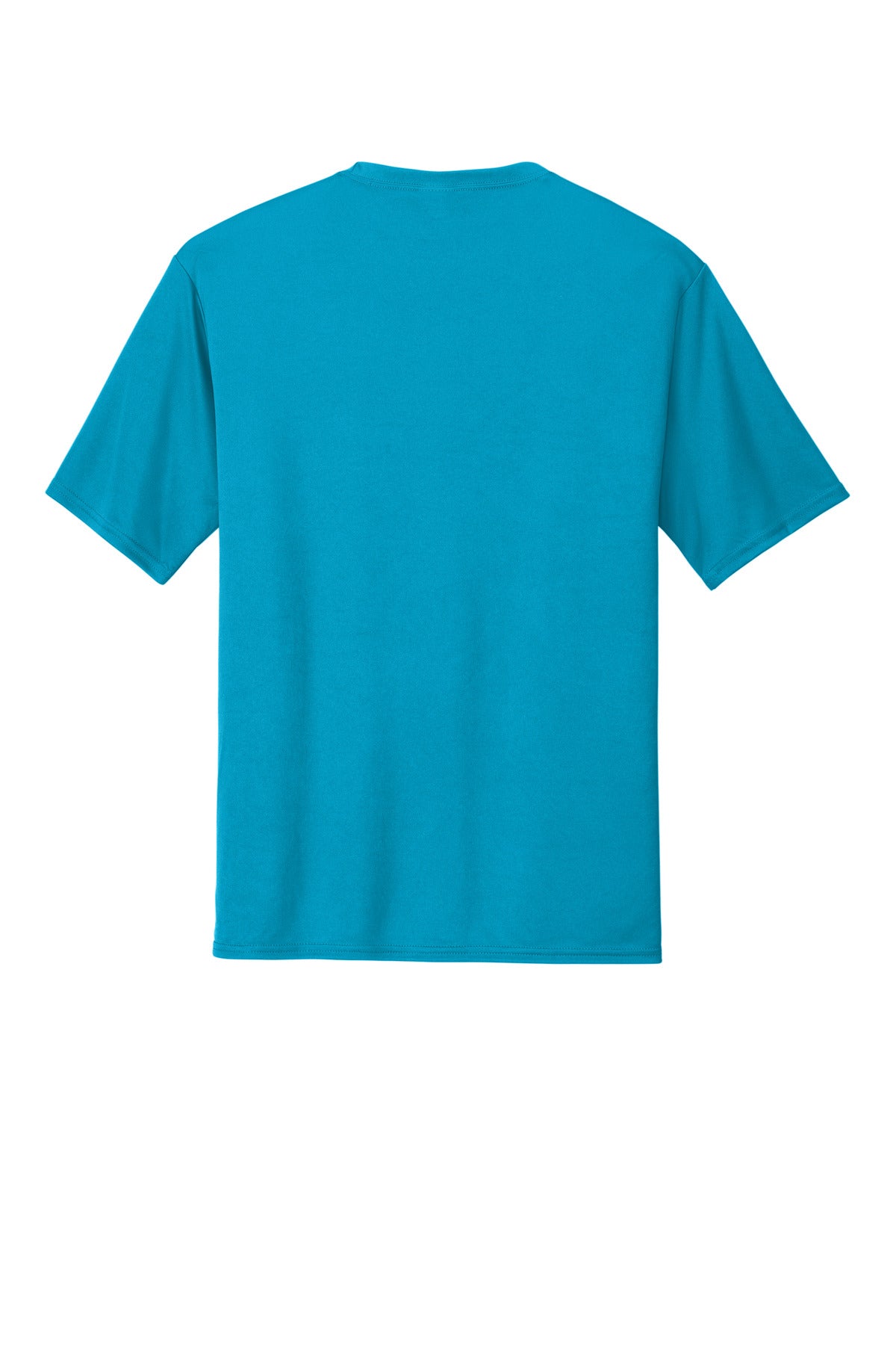 Rear View of Neon Blue Port & Co Performance Tee. PC380 plain
