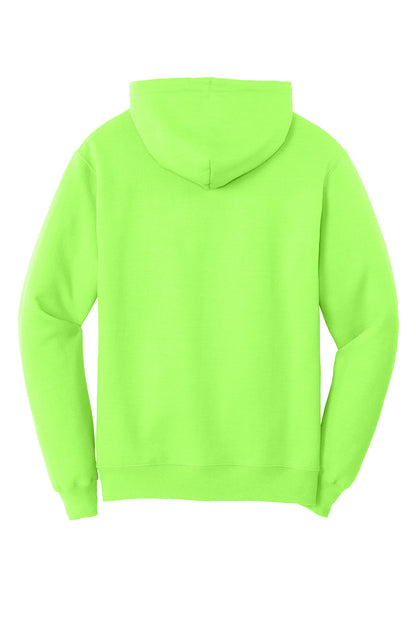 Rear View of Neon Green Port & Co Core Fleece Pullover Hooded Sweatshirt. PC78H