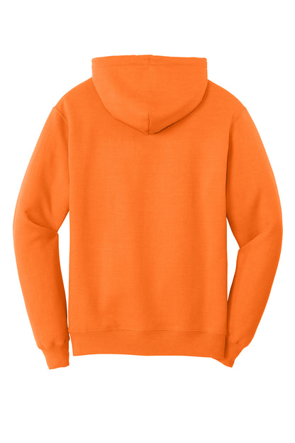 Rear View of Neon Orange Port & Co Core Fleece Pullover Hooded Sweatshirt. PC78H