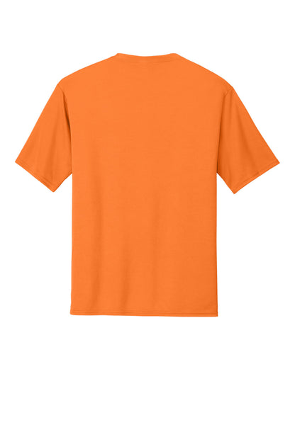 Rear View of Neon Orange Port & Co Performance Tee. PC380 plain