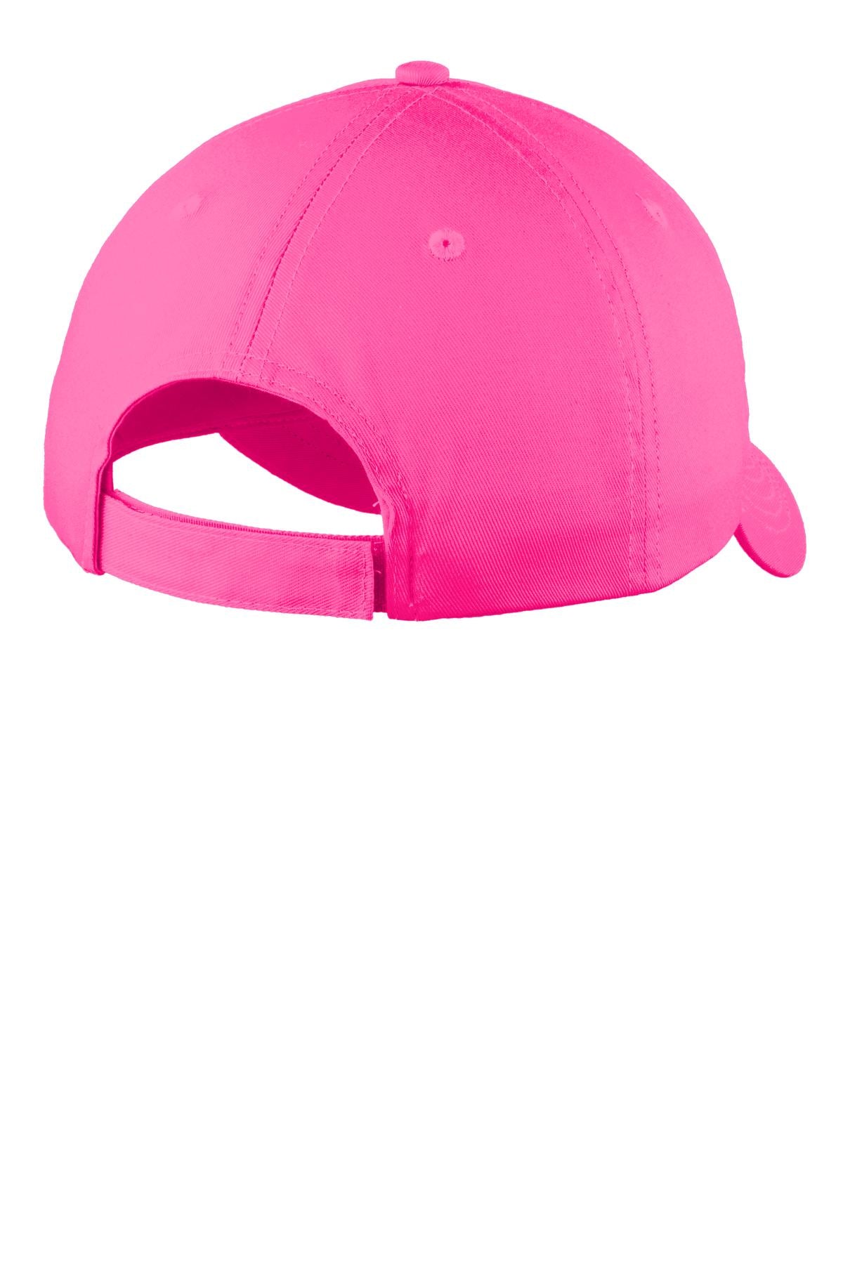 Rear View of Neon Pink Port Authority Six-Panel Unstructured Twill Cap. C914 plain