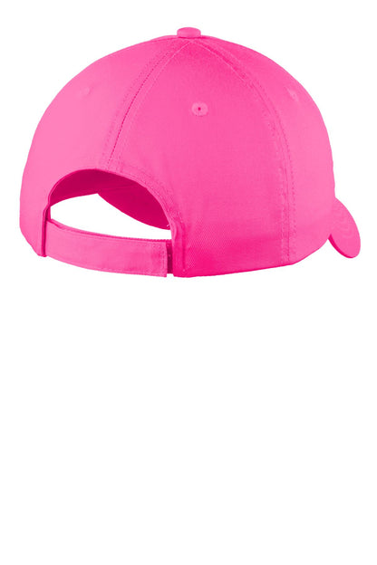 Rear View of Neon Pink Port Authority Six-Panel Unstructured Twill Cap. C914 plain