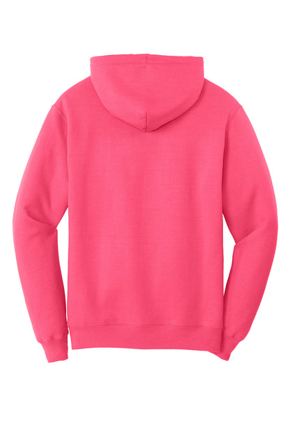 Rear View of Neon Pink Port & Co Core Fleece Pullover Hooded Sweatshirt. PC78H