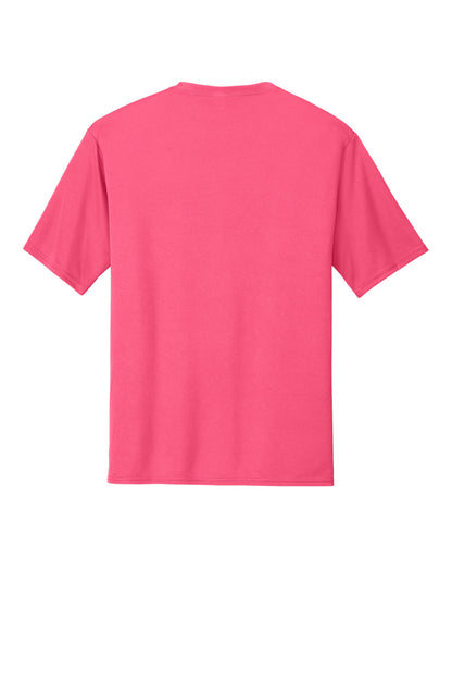 Rear View of Neon Pink Port & Co Performance Tee. PC380 plain