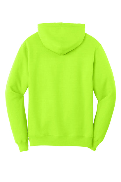 Rear View of Neon Yellow Port & Co Core Fleece Pullover Hooded Sweatshirt. PC78H