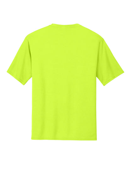 Rear View of Neon Yellow Port & Co Performance Tee. PC380 plain
