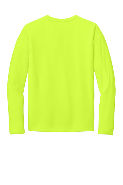 Rear View of NeonYellow Port & Co Long Sleeve Performance Tee. PC380LS plain