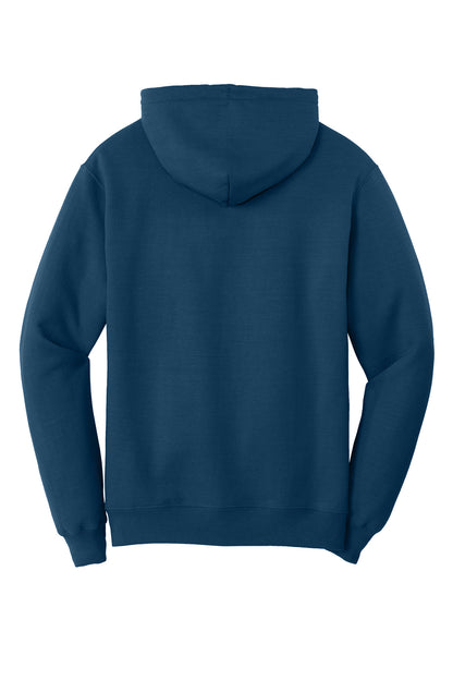 Rear View of NeptuneBl Port & Co Core Fleece Pullover Hooded Sweatshirt. PC78H