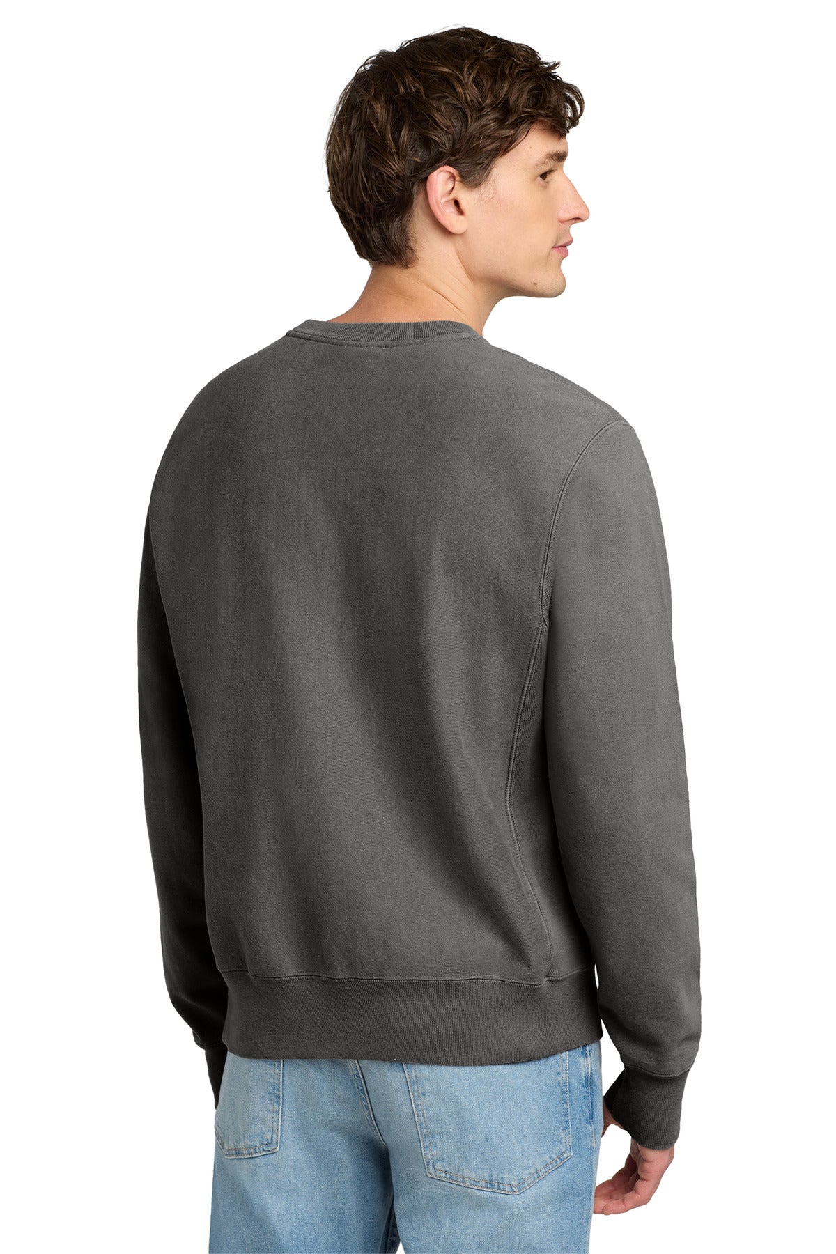 Rear View of NwRailroad Champion Reverse Weave Garment-Dyed Crewneck Sweatshirt. GDS149 plain