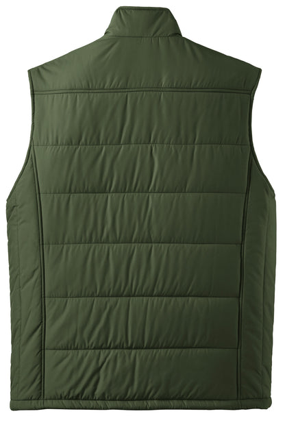 Rear View of Olive Port Authority Puffy Vest. J709 plain