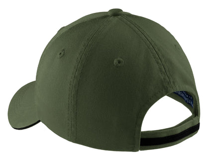 Rear View of Olive/Black Port Authority Sandwich Bill Cap with Striped Closure. C830 plain