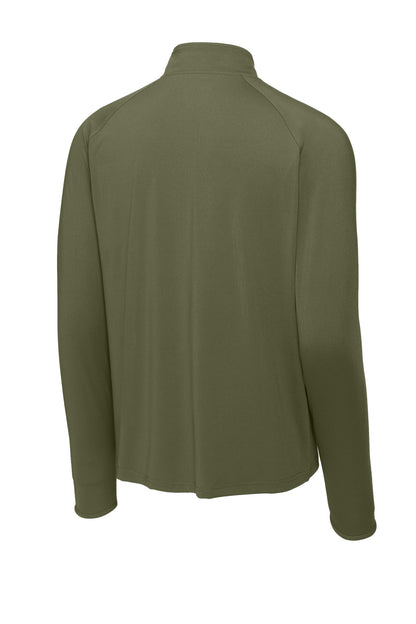Rear View of OlvDrabGn Sport-Tek Sport-Wick Stretch 1/4-Zip Pullover. ST850