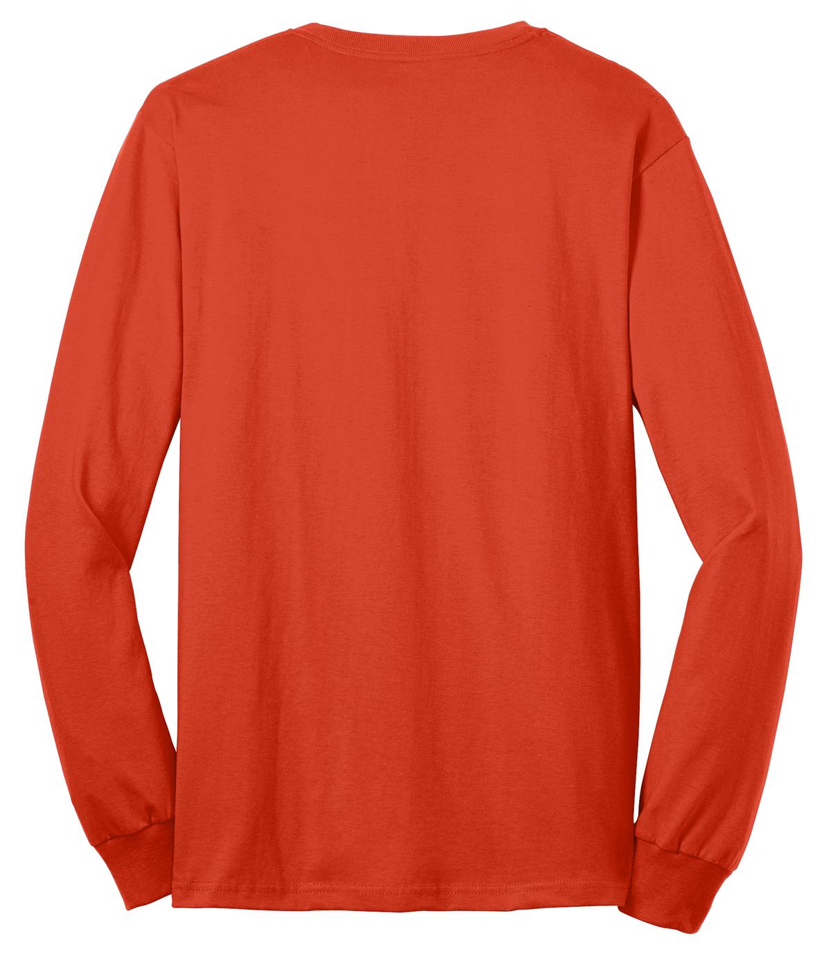Rear View of Orange Port & Co Tall Long Sleeve Core Blend Tee. PC55LST plain