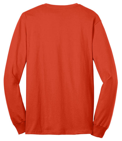 Rear View of Orange Port & Co Tall Long Sleeve Core Blend Tee. PC55LST plain