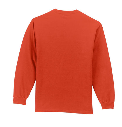 Rear View of Orange Port & Co Tall Long Sleeve Essential Pocket Tee. PC61LSPT plain