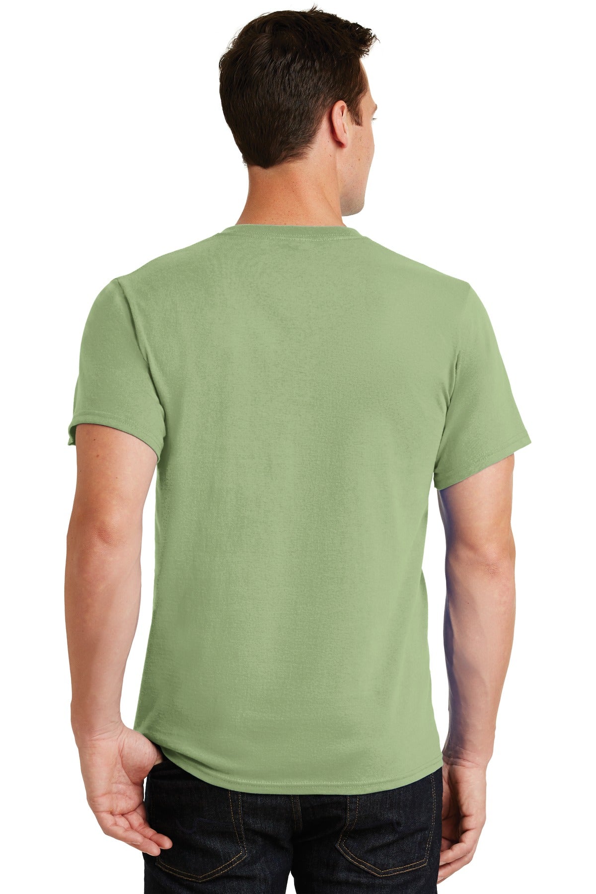 Rear View of Pistachio Port & Co Essential Tee. PC61 plain