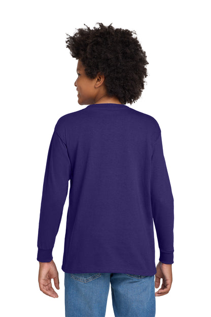 Rear View of Purple Gildan Youth Heavy Cotton 100% Cotton Long Sleeve T-Shirt. 5400B plain