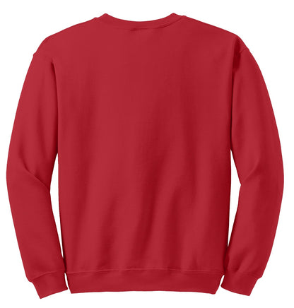 Rear View of Red Gildan Heavy Blend Crewneck Sweatshirt. 18000 plain
