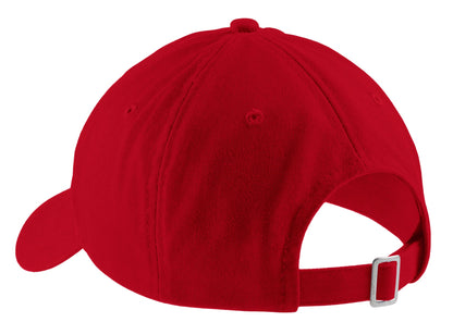 Rear View of Red Port Authority Brushed Twill Low Profile Cap. CP77 plain