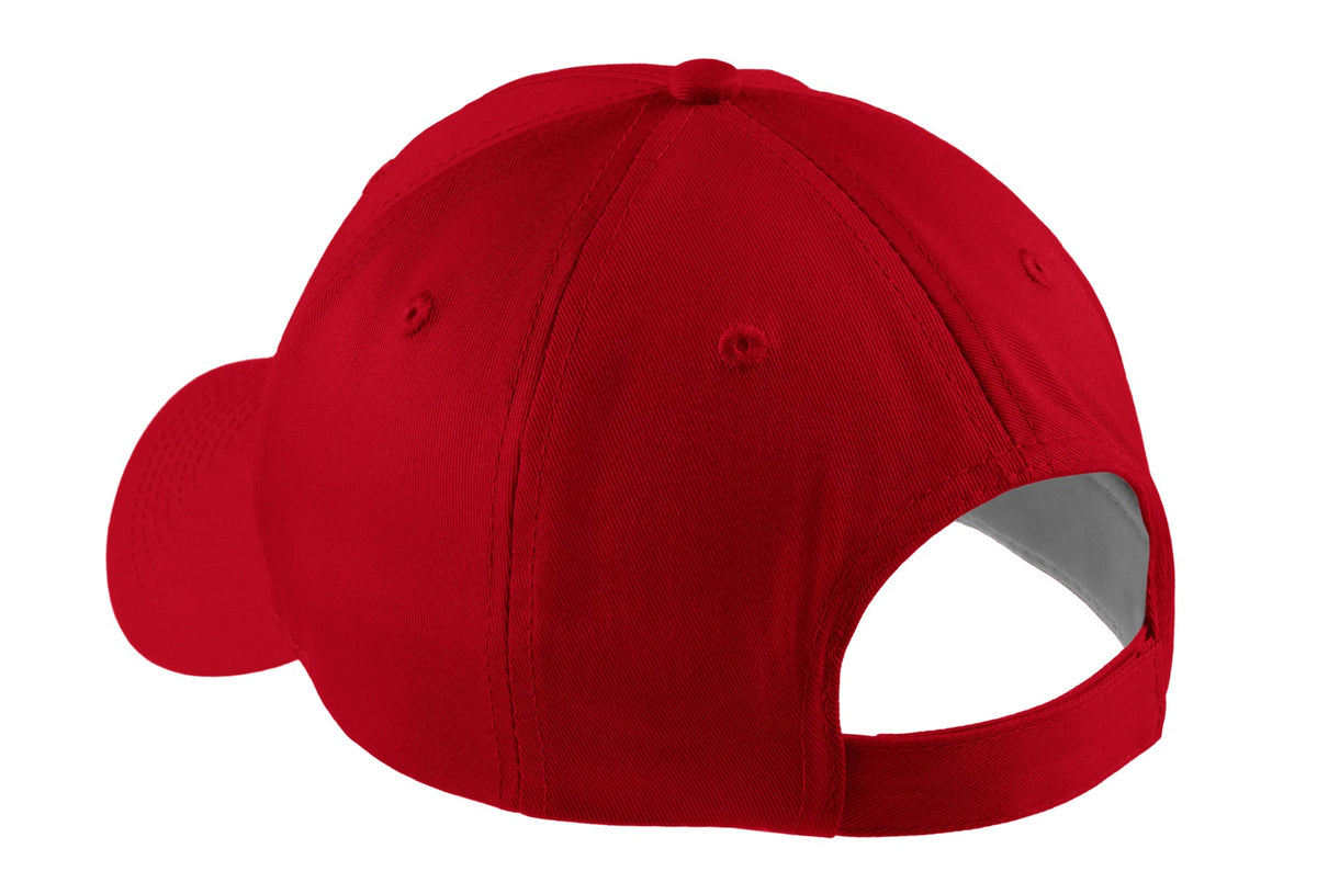 Rear View of Red Port Authority Five-Panel Twill Cap. CP86 plain