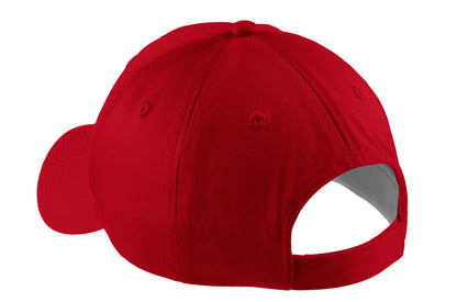 Rear View of Red Port Authority Five-Panel Twill Cap. CP86 plain