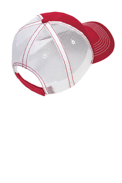Rear View of Red/White District Mesh Back Cap. DT607 plain