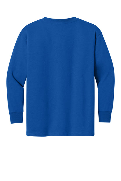 Rear View of Royal Gildan Youth Heavy Cotton 100% Cotton Long Sleeve T-Shirt. 5400B plain