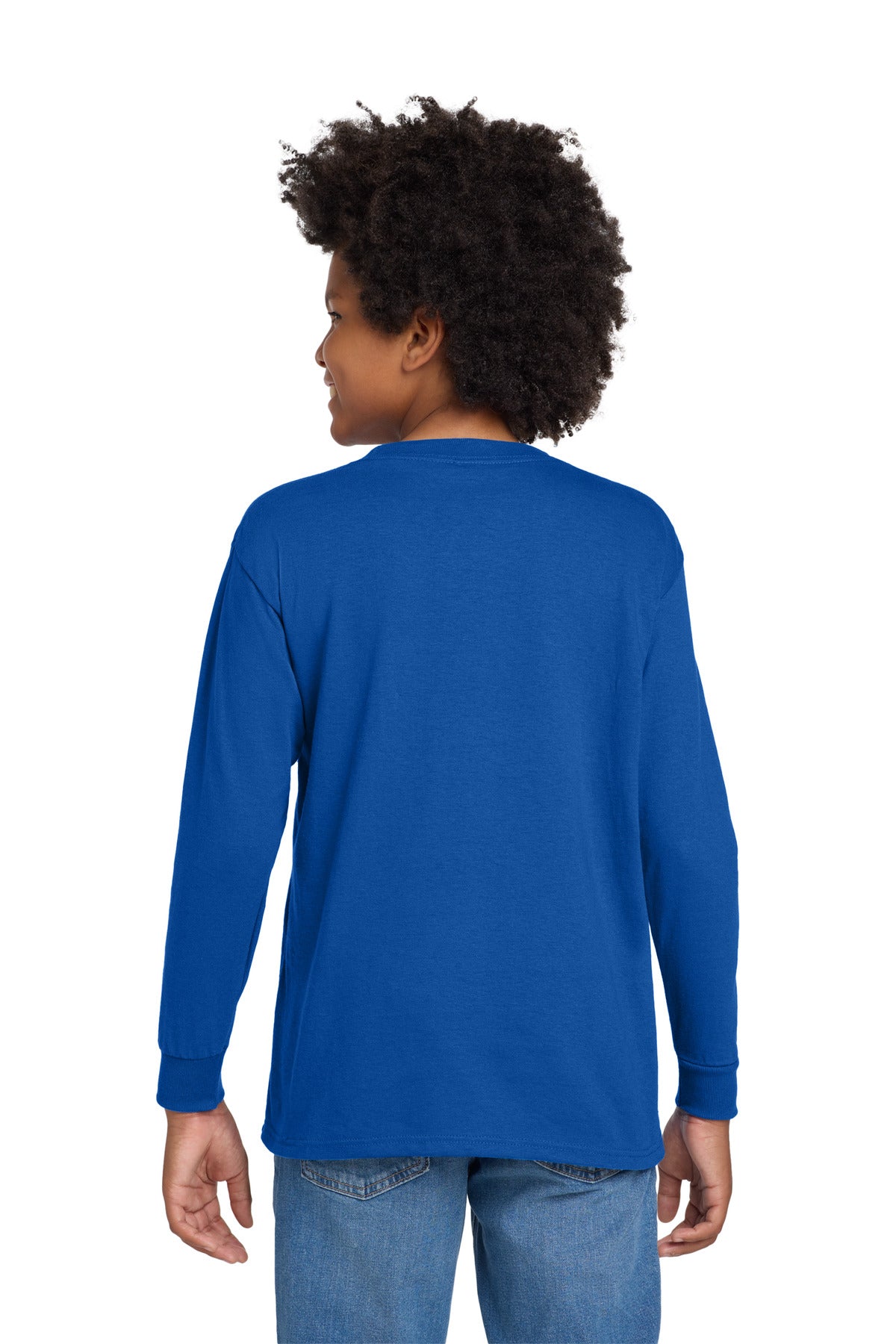 Rear View of Royal Gildan Youth Heavy Cotton 100% Cotton Long Sleeve T-Shirt. 5400B plain