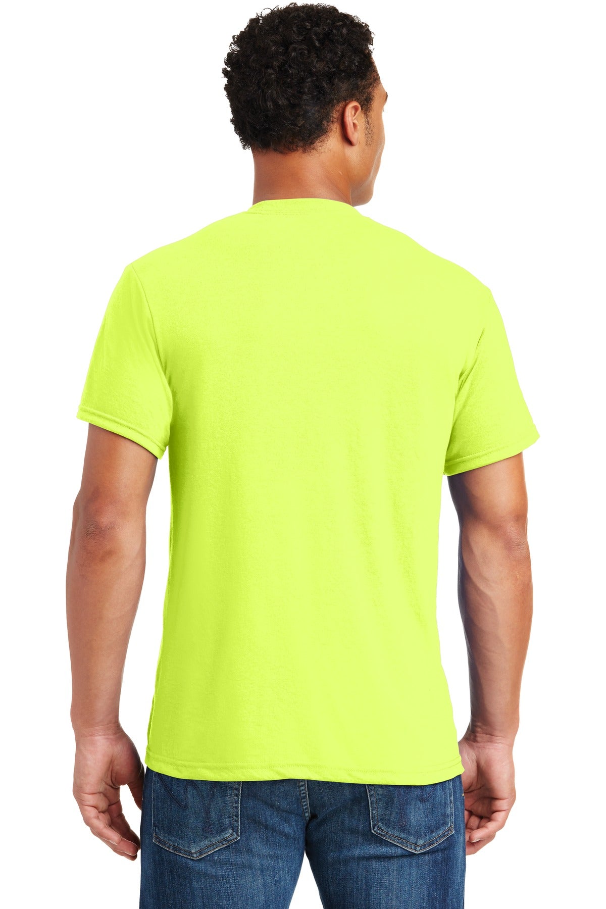 Rear View of Safety Green Jerzees Dri-Power 100% Polyester T-Shirt. 21M plain