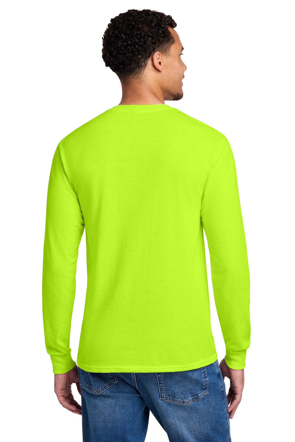 Rear View of Safety Green Jerzees - Dri-Power 50/50 Cotton/Poly Long Sleeve T-Shirt. 29LS plain