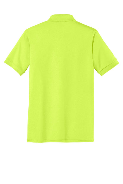 Rear View of Safety Green Port & Co Core Blend Jersey Knit Polo. KP55 plain