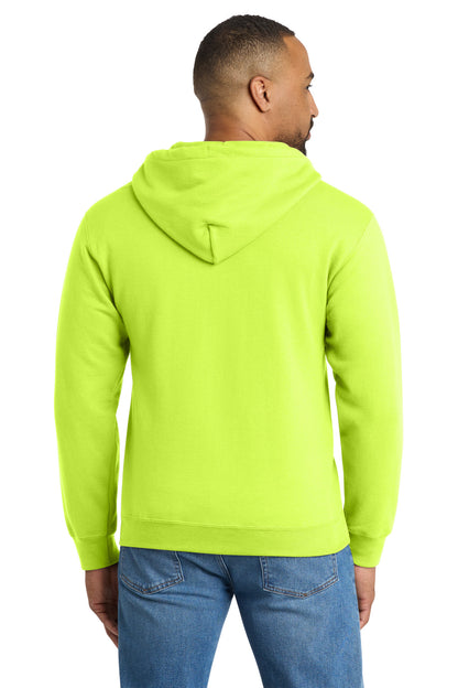 Rear View of Safety Green Port & Co Tall Essential Fleece Full-Zip Hooded Sweatshirt. PC90ZHT plain