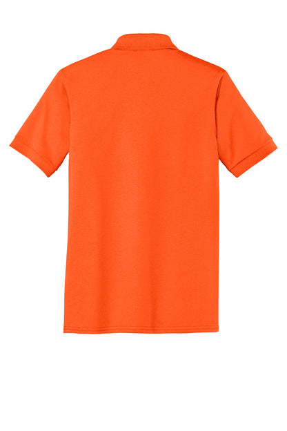 Rear View of Safety Orange Port & Co Core Blend Jersey Knit Polo. KP55 plain