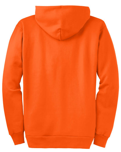 Rear View of Safety Orange Port & Co Tall Essential Fleece Full-Zip Hooded Sweatshirt. PC90ZHT plain