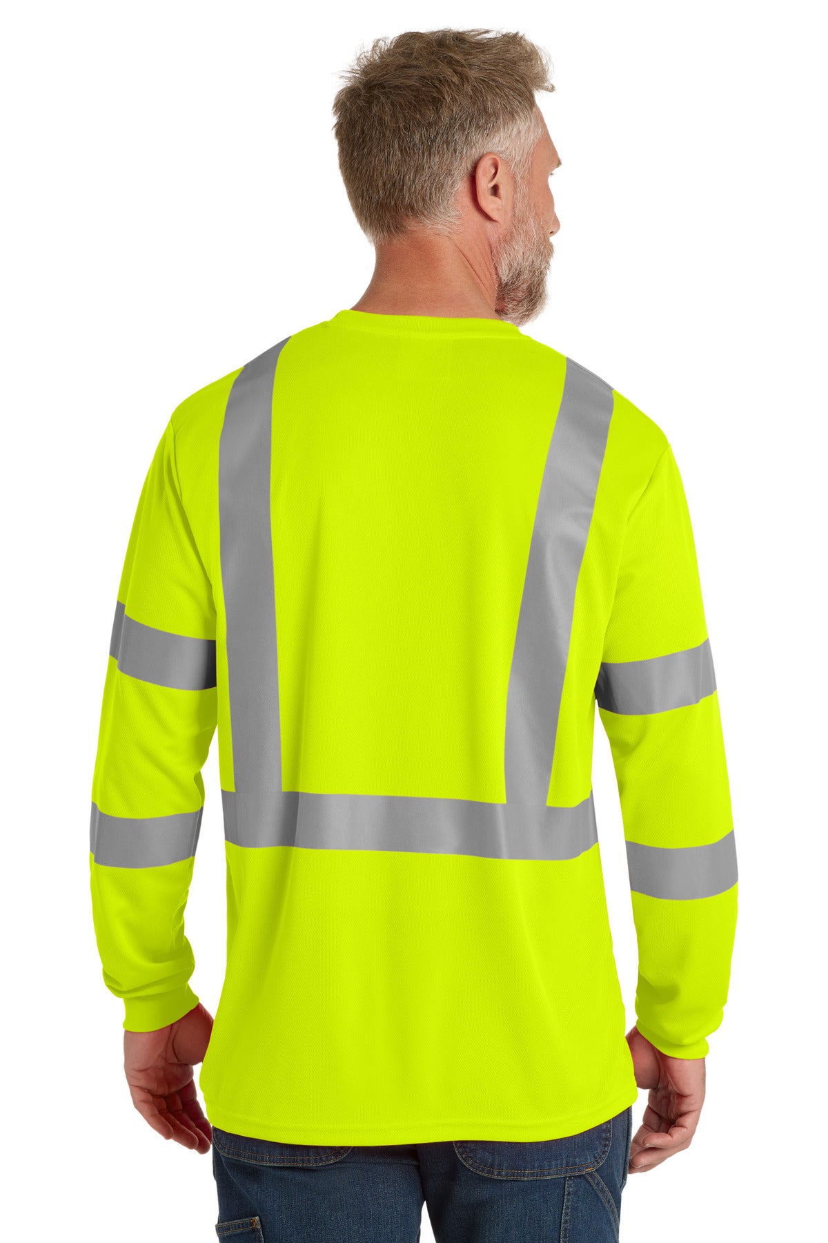 Rear View of SftyYellow CornerStone ANSI 107 Class 3 Mesh Long Sleeve Tee. CS203 plain