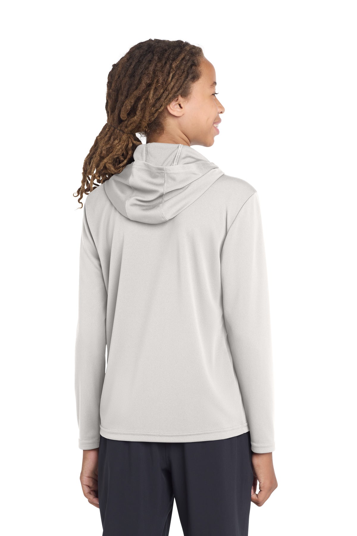 Rear View of Silver Sport-Tek Youth PosiCharge Competitor Hooded Pullover. YST358 plain