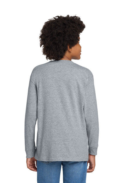 Rear View of Sport Grey Gildan Youth Heavy Cotton 100% Cotton Long Sleeve T-Shirt. 5400B plain