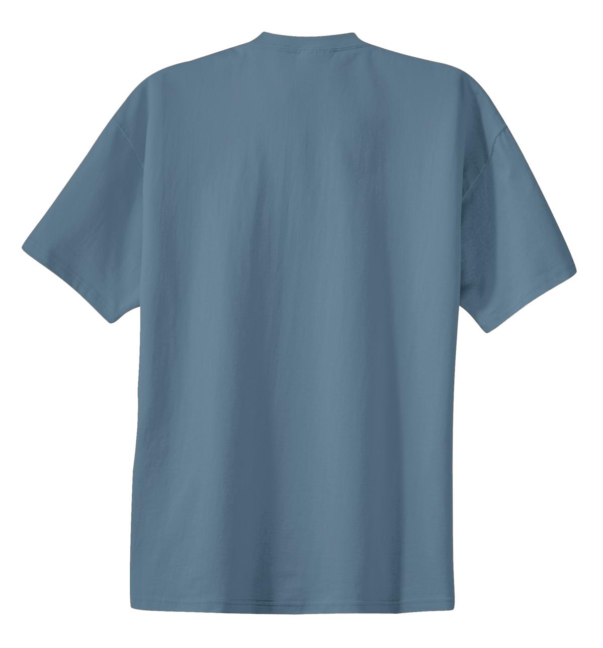 Rear View of Stonewash Blue Port & Co Essential Tee. PC61 plain