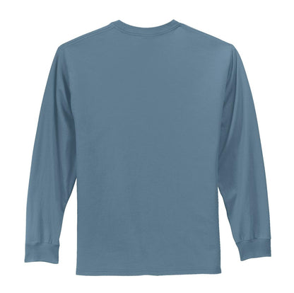 Rear View of Stonewash Blue Port & Co Long Sleeve Essential Tee. PC61LS plain