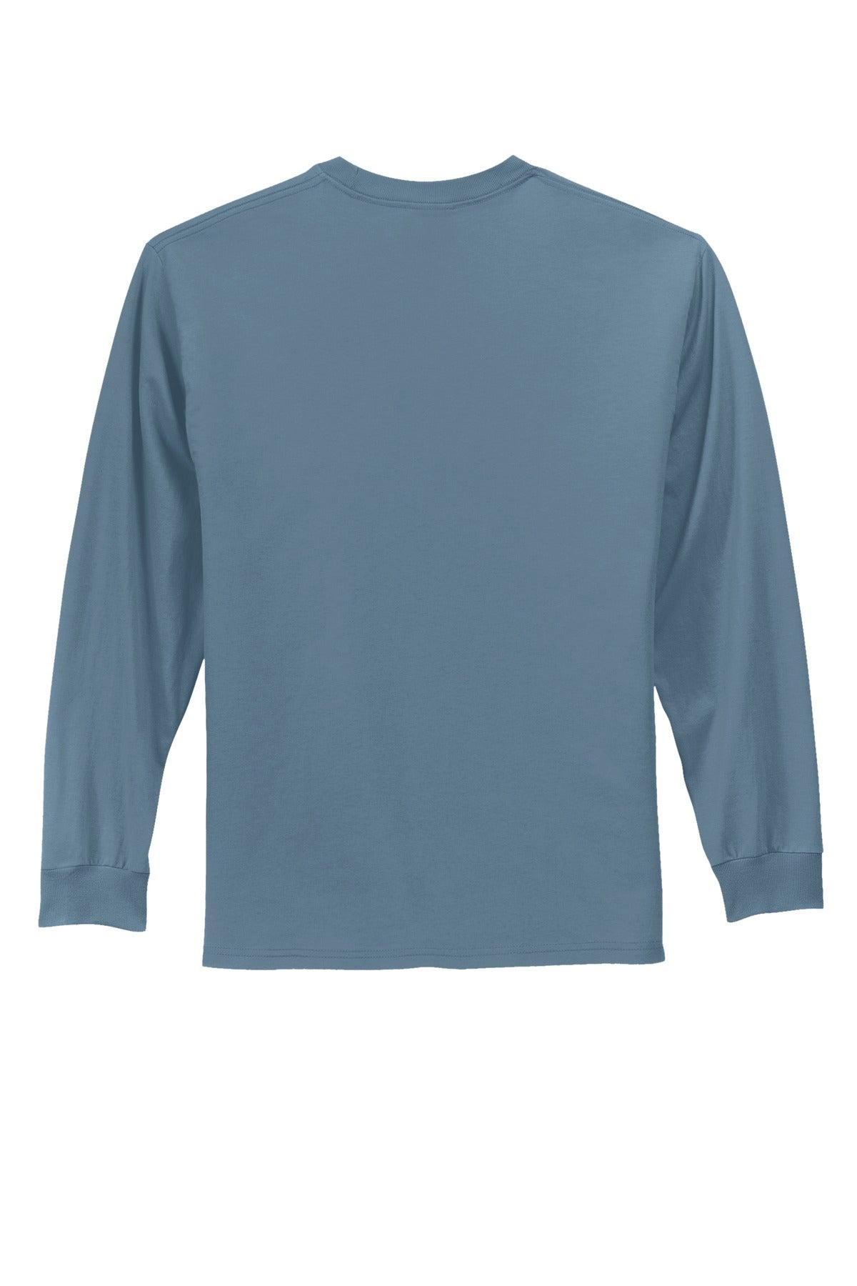 Rear View of Stonewash Blue Port & Co Long Sleeve Essential Tee. PC61LS plain