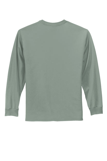 Rear View of Stonewash Gree Port & Co Long Sleeve Essential Tee. PC61LS plain