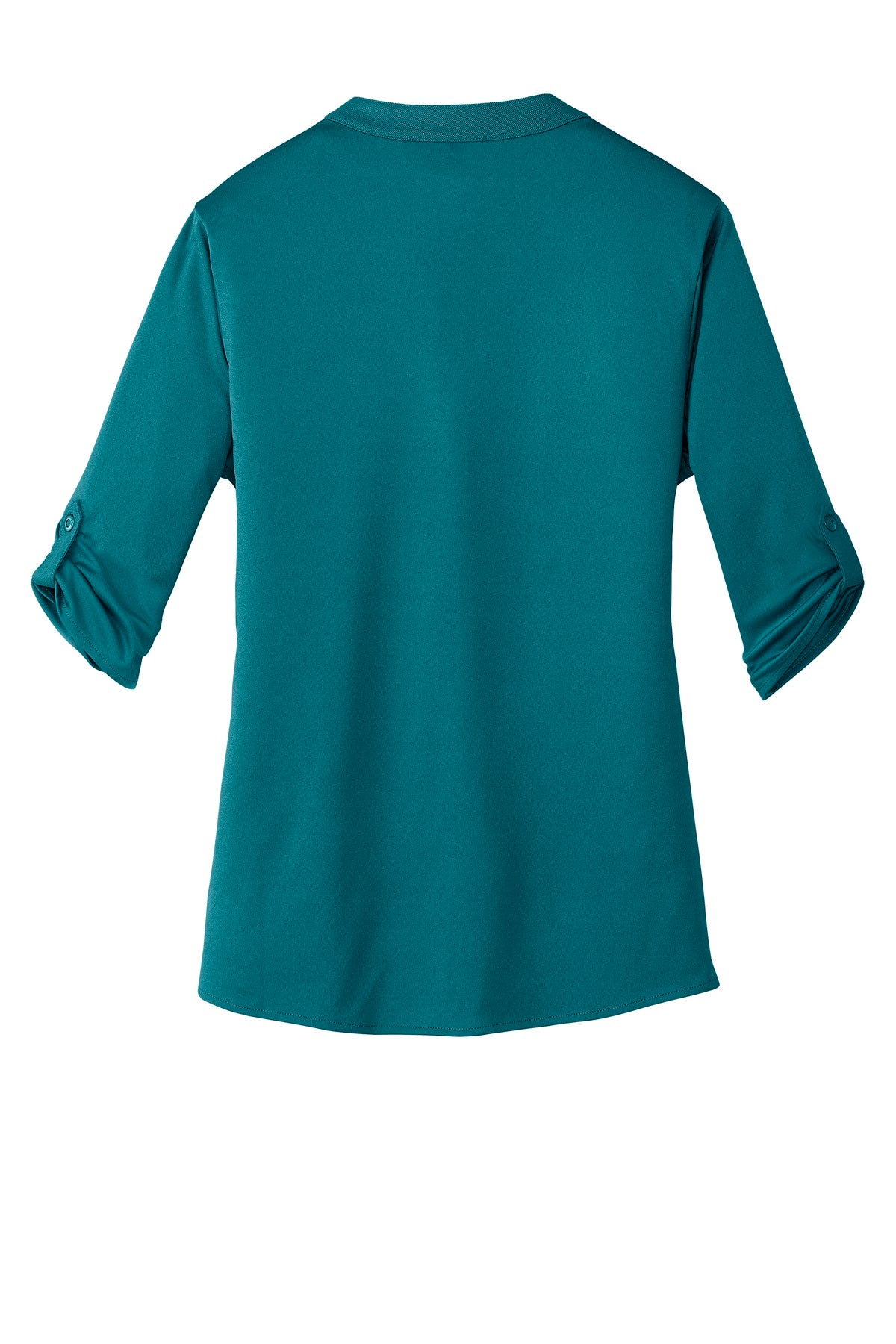 Rear View of Torque Teal OGIO - Crush Henley. LOG111 plain