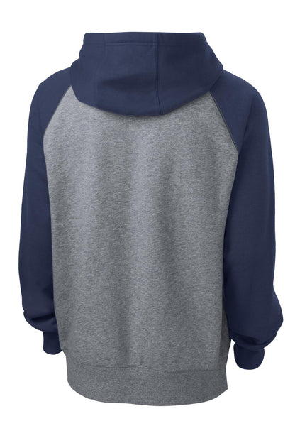 Rear View of Tr Navy/Vnt He Sport-Tek Raglan Colorblock Pullover Hooded Sweatshirt. ST267 plain