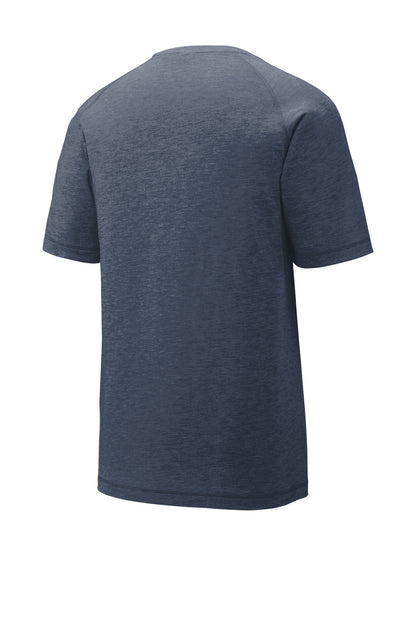 Rear View of True Navy Hthr Sport-Tek PosiCharge Tri-Blend Wicking Raglan Tee. ST400 plain